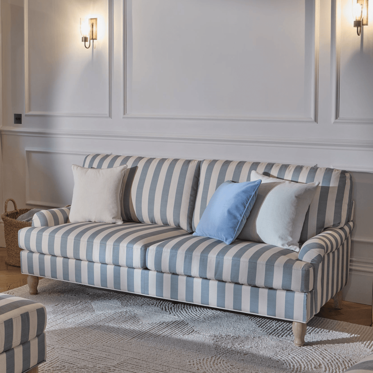 Brea 3 Seater Sofa - Blue Stripe with Whitewash Legs