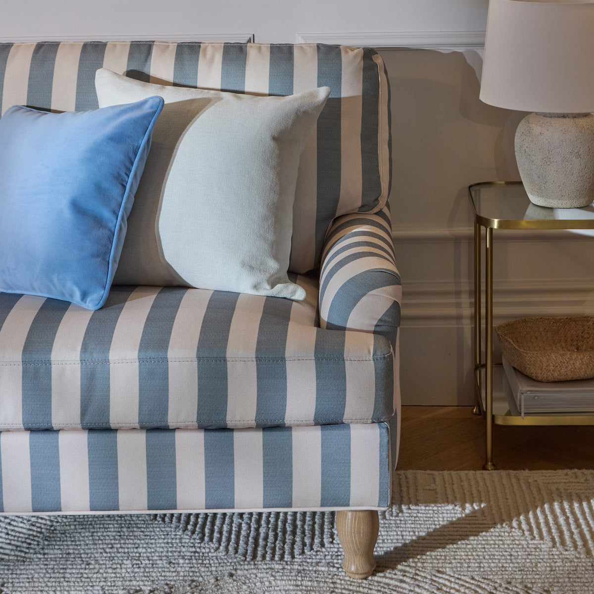 Brea Footstool - Blue Stripe with Whitewash Legs - Laura James - Laura James