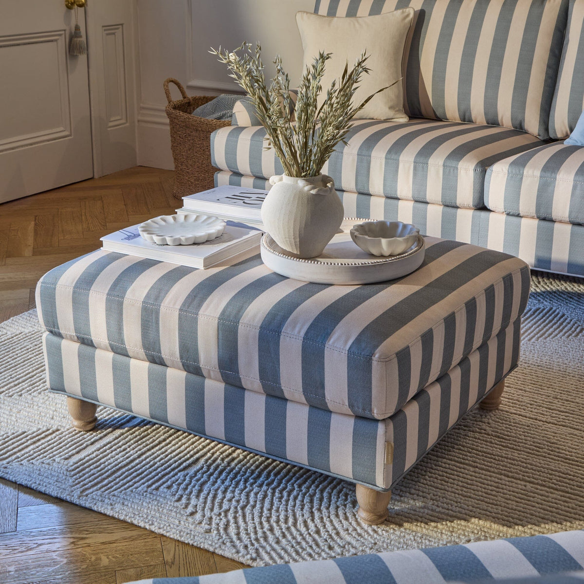 Brea Footstool - Blue Stripe with Whitewash Legs - Laura James
