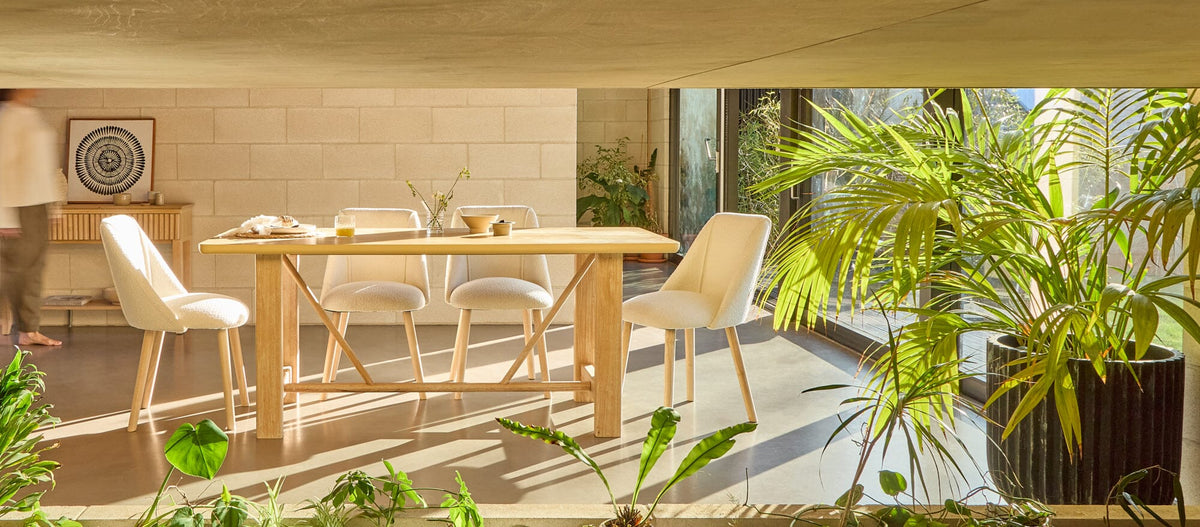 Carter Whitewash Rectangular Dining Table with 6 Freya Boucle Dining Chairs with Whitewash Legs - Laura James