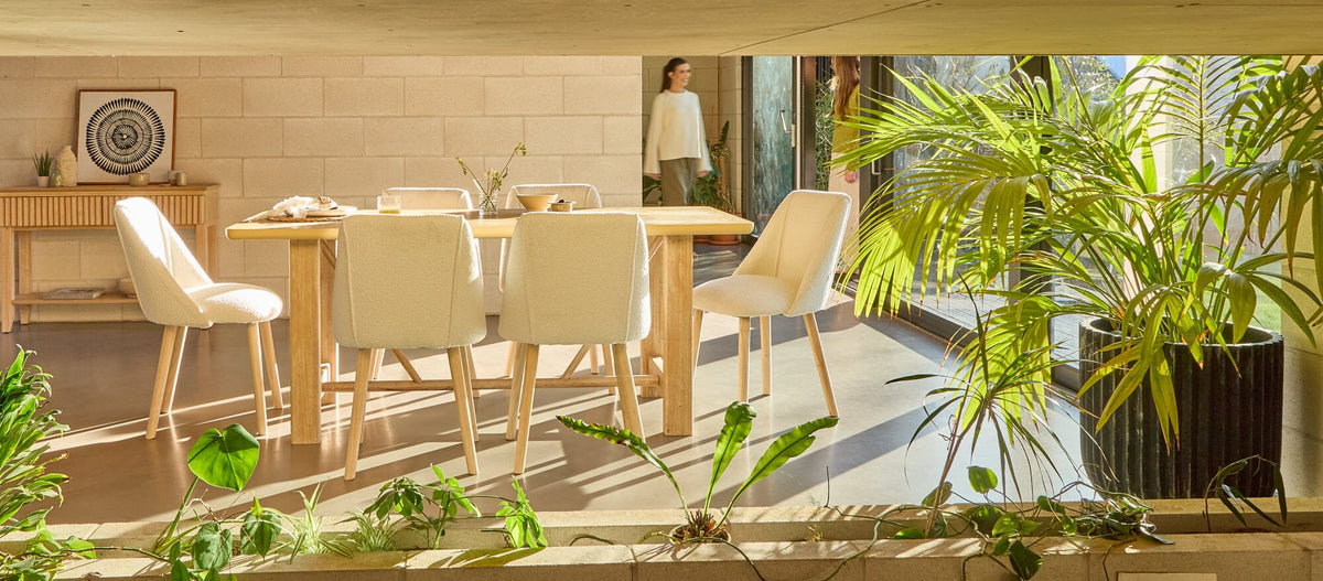 Carter Whitewash Rectangular Dining Table with 6 Freya Boucle Dining Chairs with Whitewash Legs - Laura James
