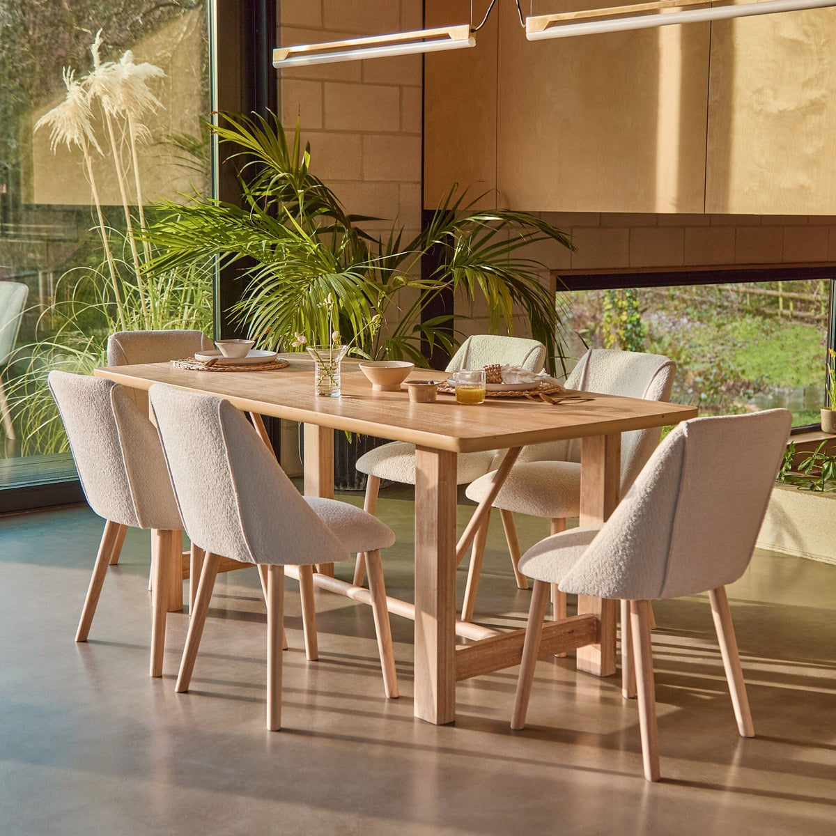 Carter Whitewash Rectangular Dining Table with 6 Freya Boucle Dining Chairs with Whitewash Legs - Laura James