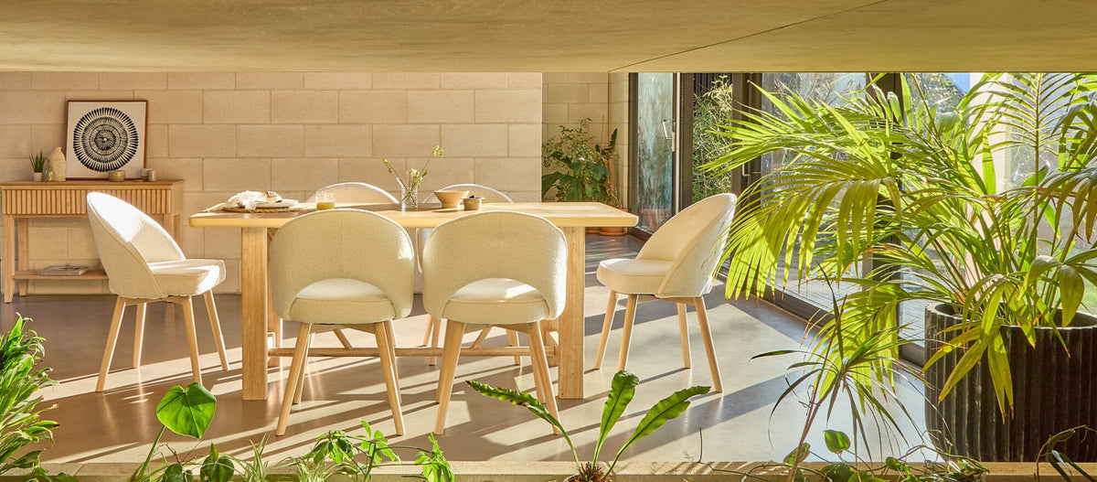 Carter Whitewash Rectangular Dining Table with 6 Marilyn Boucle Dining Chairs with Whitewash Legs - Laura James