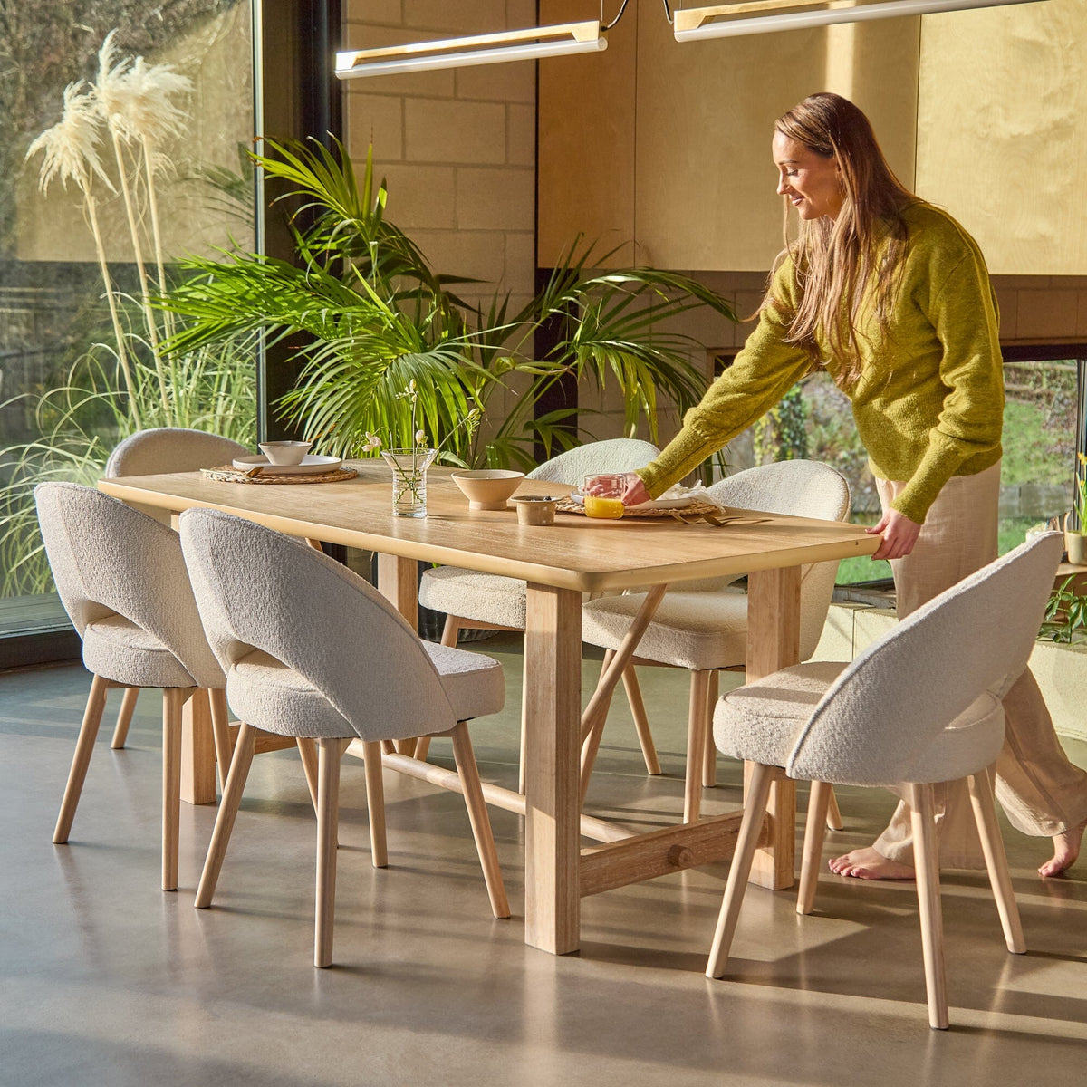 Carter Whitewash Rectangular Dining Table with 6 Marilyn Boucle Dining Chairs with Whitewash Legs - Laura James