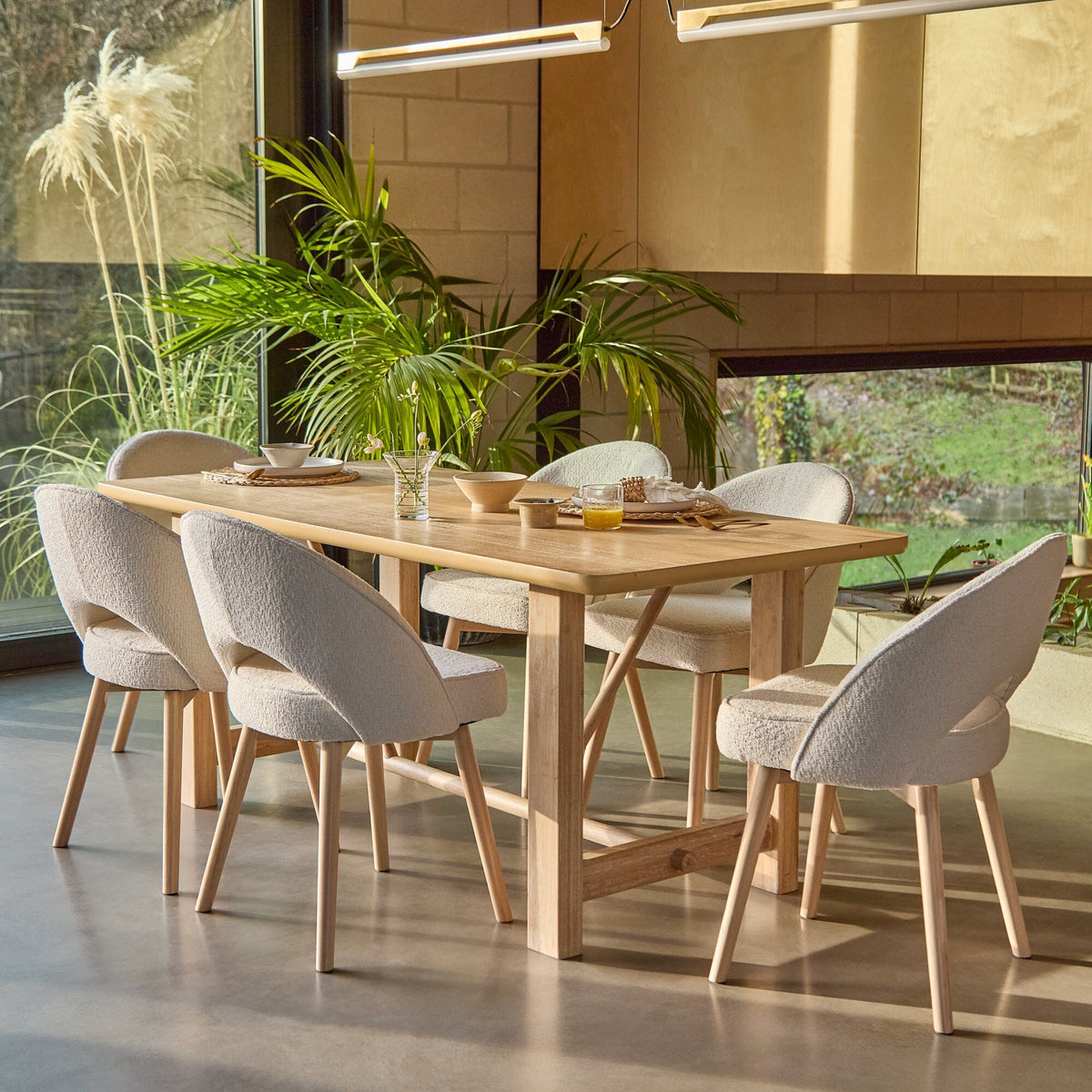 Carter Whitewash Rectangular Dining Table with 6 Marilyn Boucle Dining Chairs with Whitewash Legs - Laura James