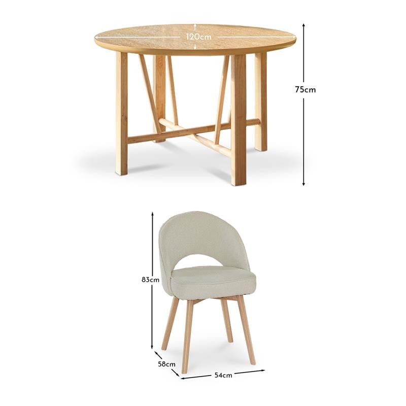 Carter Whitewash Round Dining Table with 4 Marilyn Boucle Dining Chairs with Whitewash Legs - Laura James