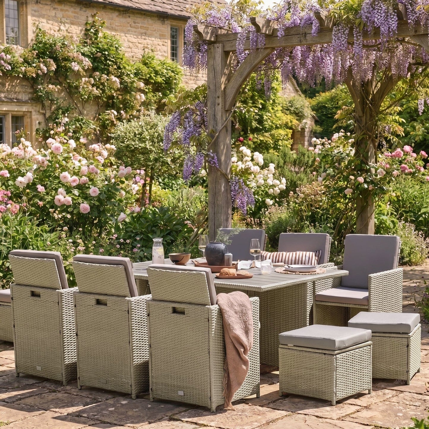 Cube 10 Seater Rattan Garden Dining Set - Light Grey with Polywood Top - Laura James