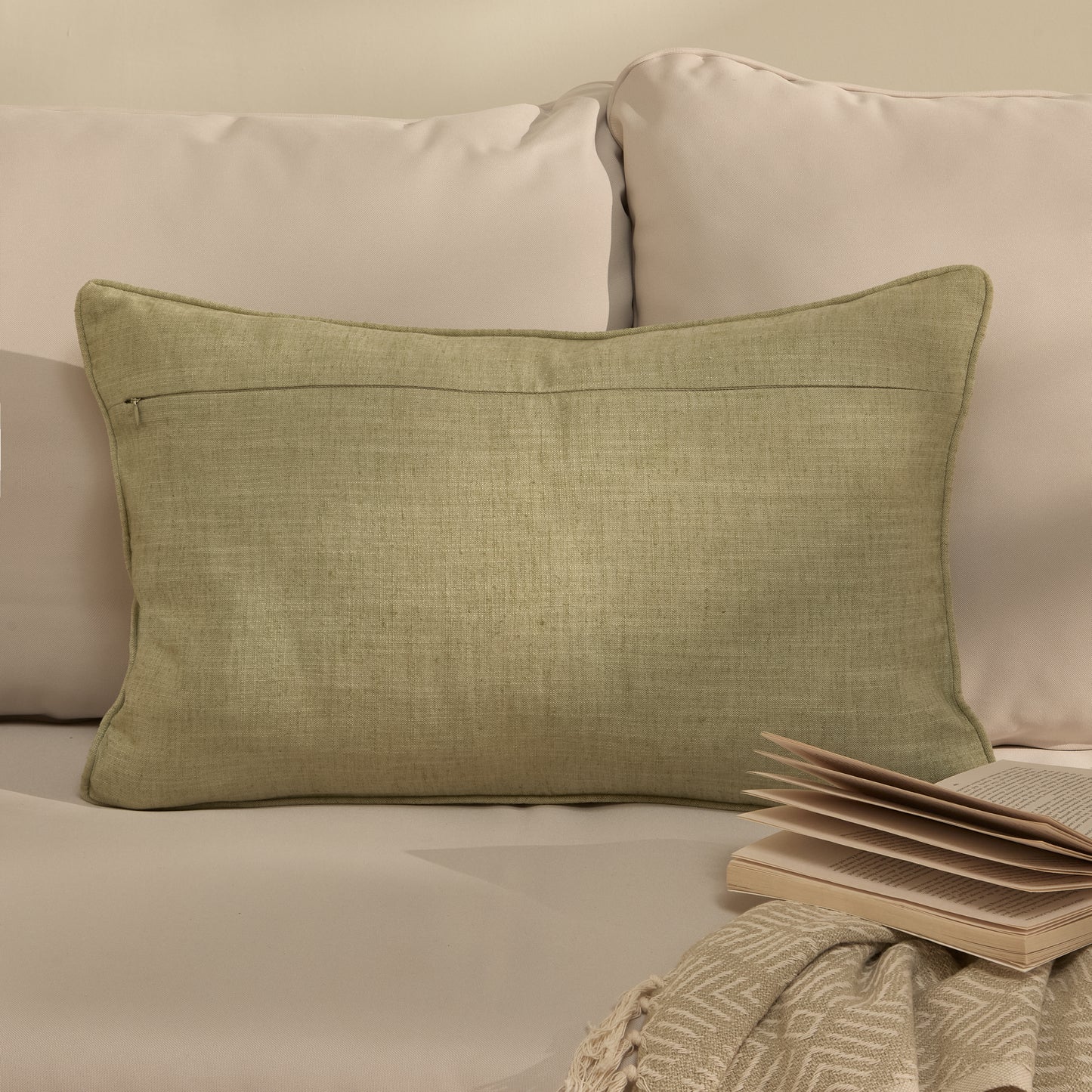 Camber 35x55cm Outdoor Cushion Cover - Sage Green with Off White Piping - Laura James