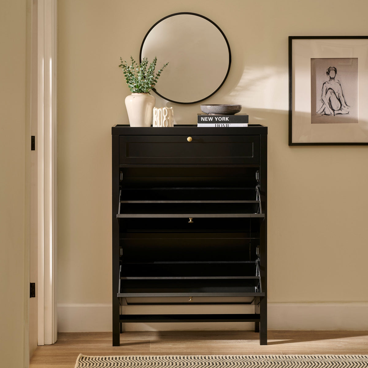 Charlie 2 Door 1 Draw Shoe Cabinet - Noir Black - Laura James
