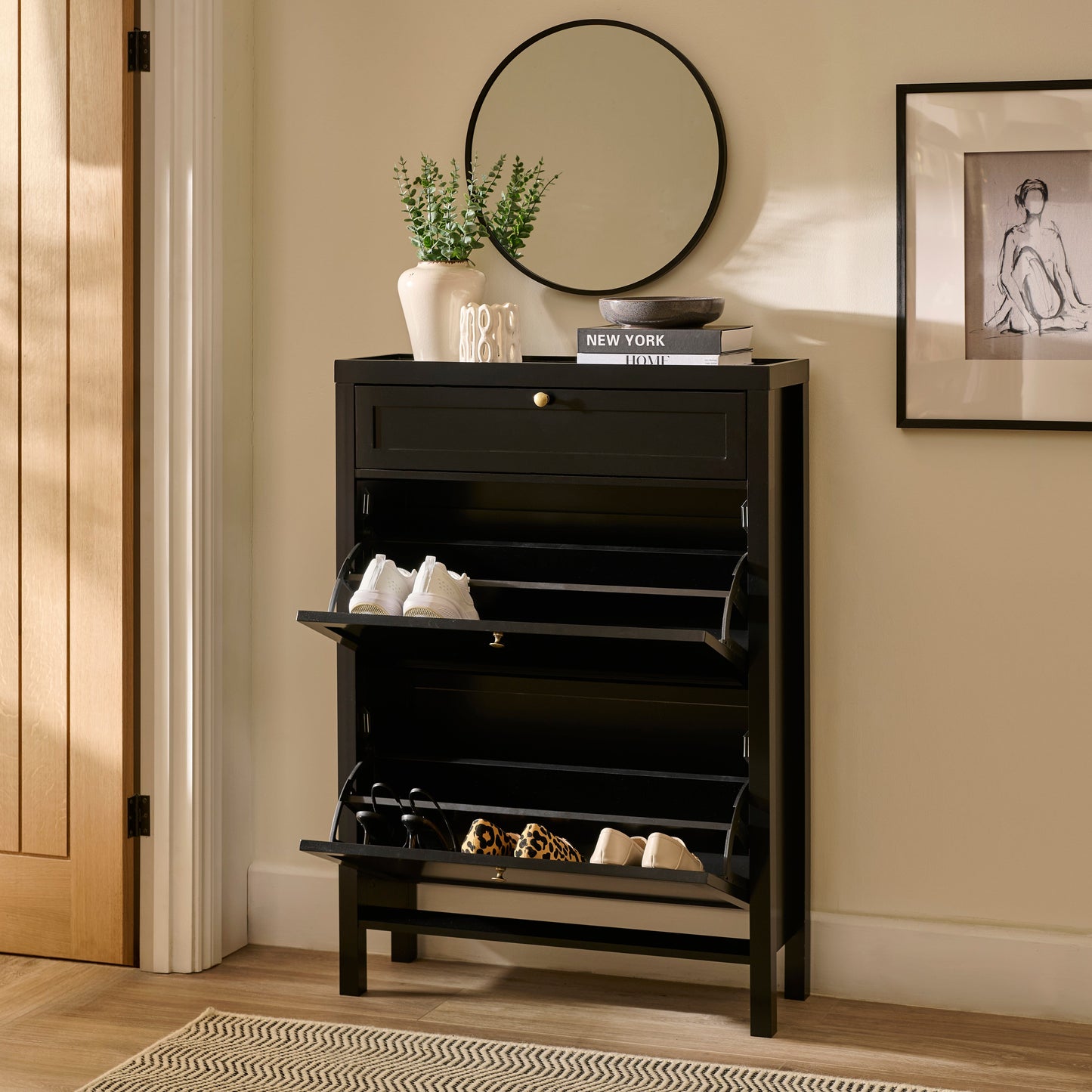 Charlie 2 Door 1 Draw Shoe Cabinet - Noir Black - Laura James
