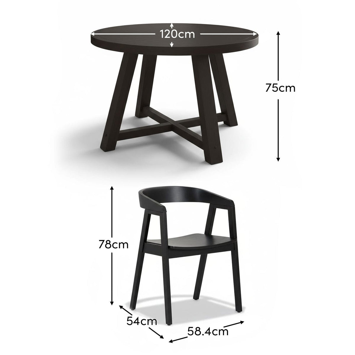 Charlotte Black Oak Round Dining Table Set - 4 Seater - Ella Black Dining Armchairs - Laura James