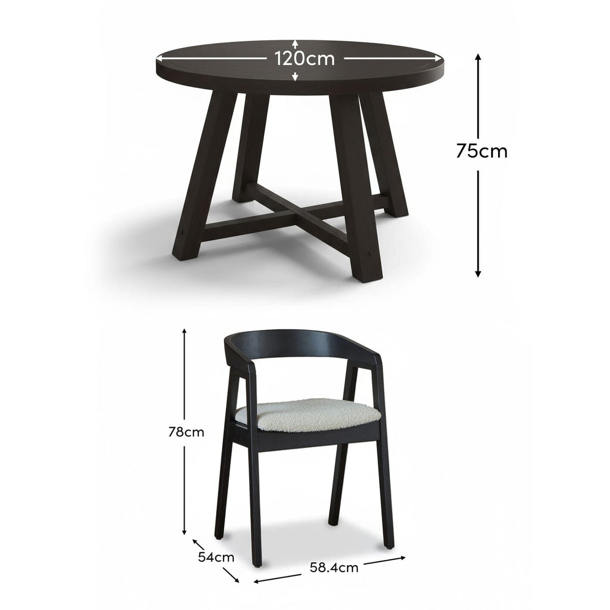 Charlotte Black Oak Round Dining Table Set - 4 Seater - Ella Black Oak Carver Chairs - Off White Boucle - Laura James