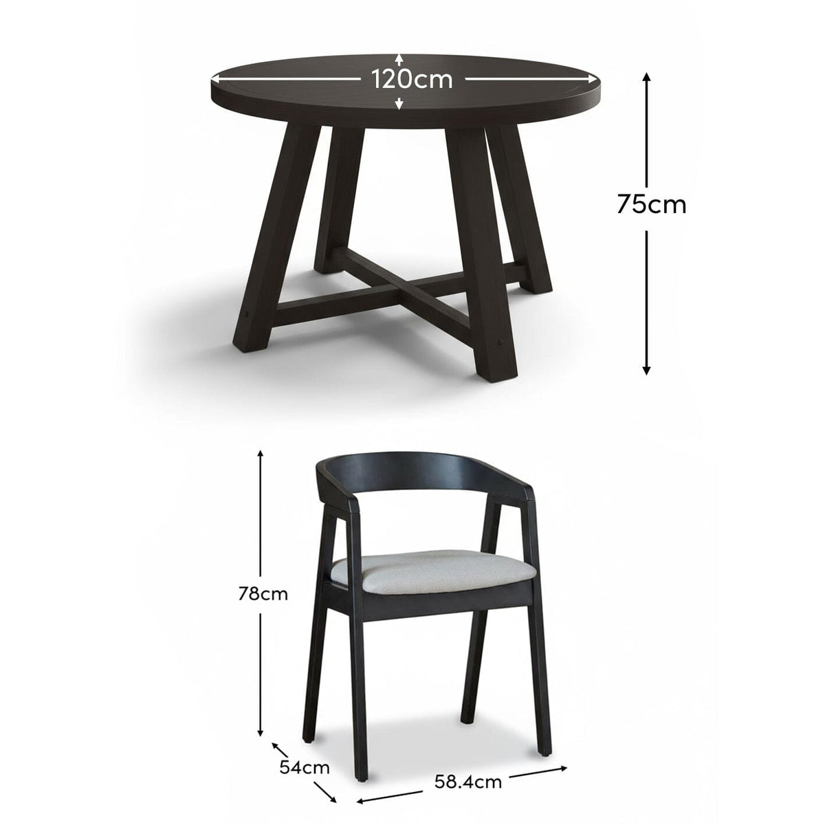 Charlotte Black Oak Round Dining Table Set - 4 Seater - Ella Black Oak Carver Chairs - Fawn Linen - Laura James