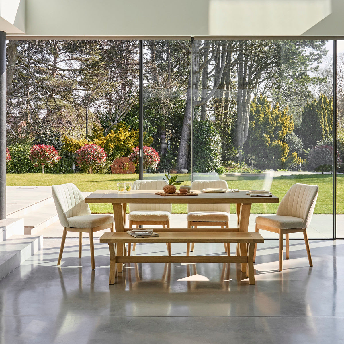 Charlotte 6 Seater Dining Set with 4 Chloe Boucle Dining Chairs and Charlotte Bench - Laura James