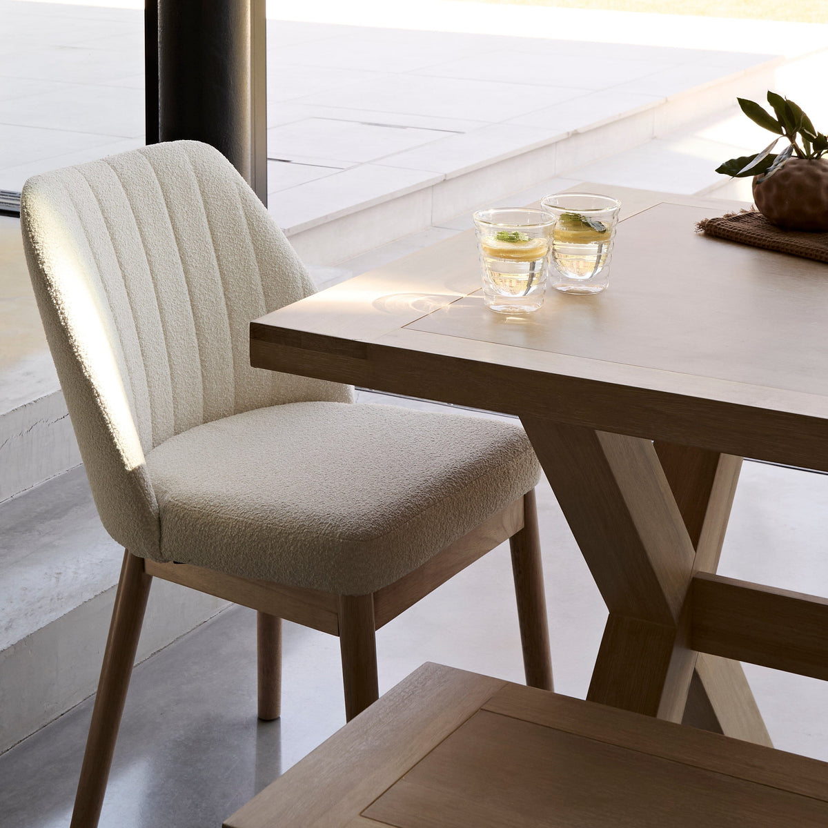 Charlotte 6 Seater Dining Set with 4 Chloe Boucle Dining Chairs and Charlotte Bench - Laura James