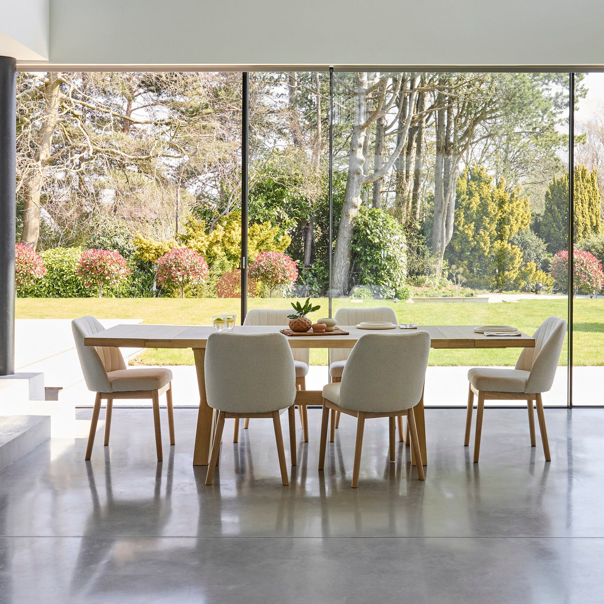 Charlotte Extending Rectangular Dining Table - Whitewash Oak WITH Chloe boucle Dining Chairs - Laura James