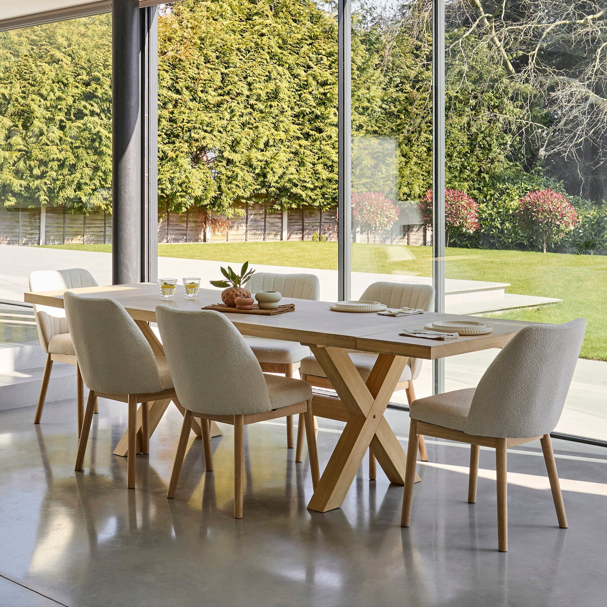 Charlotte Extending Rectangular Dining Table - Whitewash Oak WITH Chloe boucle Dining Chairs - Laura James