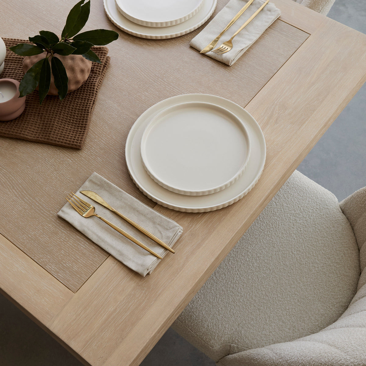 Charlotte Extending Rectangular Dining Table - Whitewash Oak WITH Chloe boucle Dining Chairs - Laura James