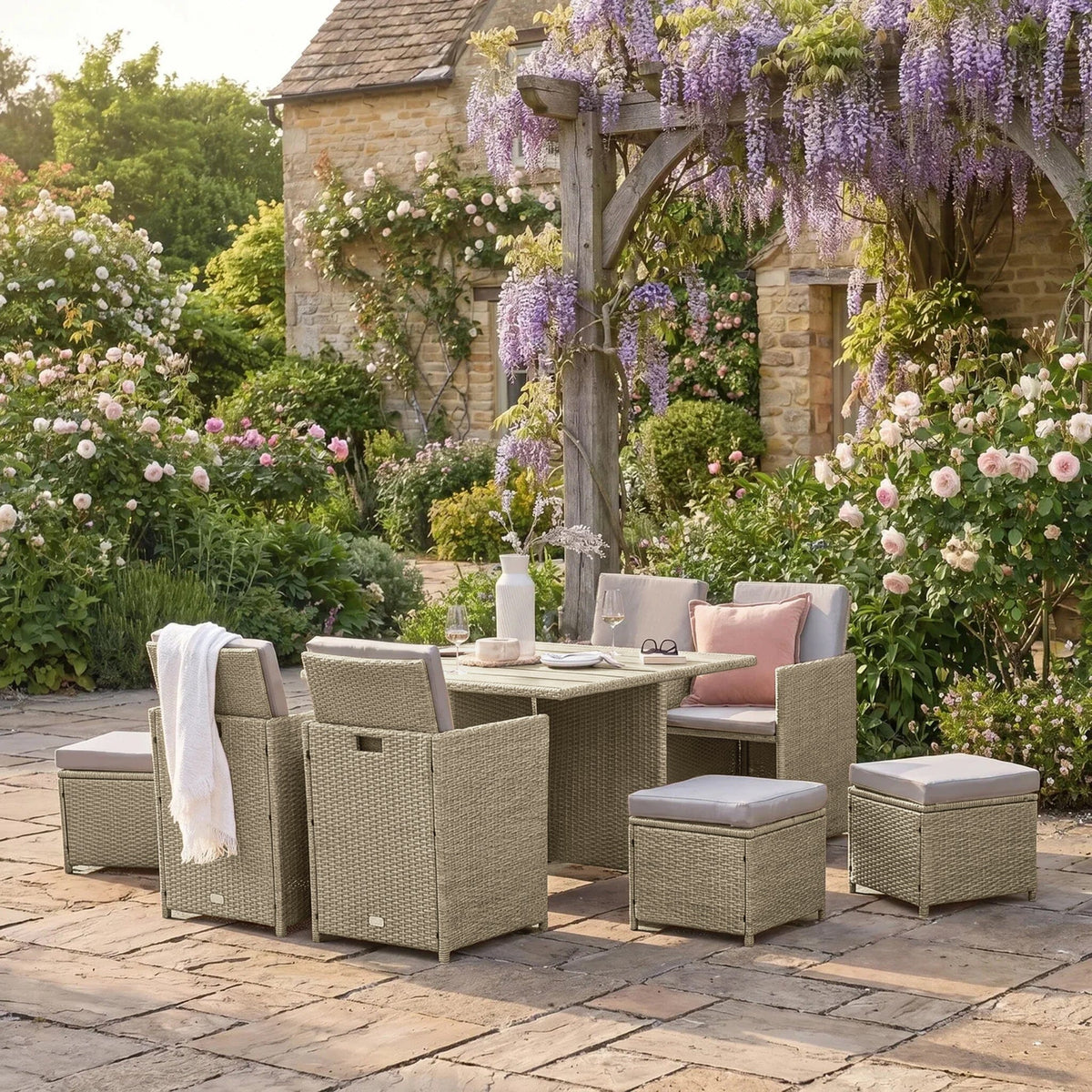 Cube 8 Seater Rattan Garden Dining Set - Light Grey with Polywood Top - Laura James
