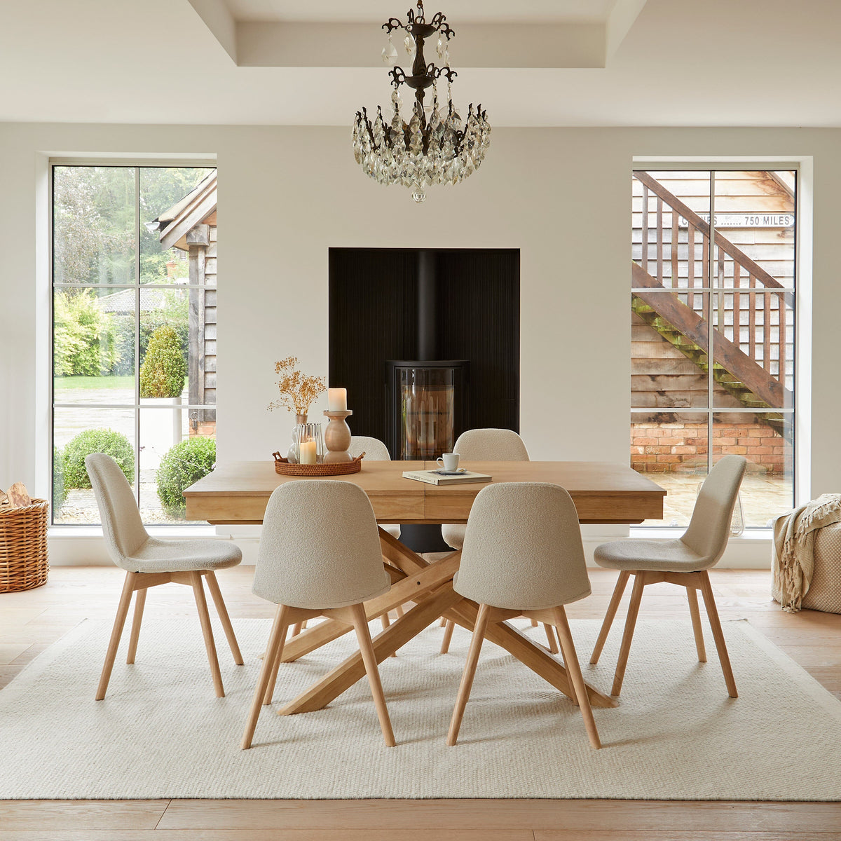Ellis Light Beige Boucle Dining Chairs - Set of 2 - Whitewash Oak Legs