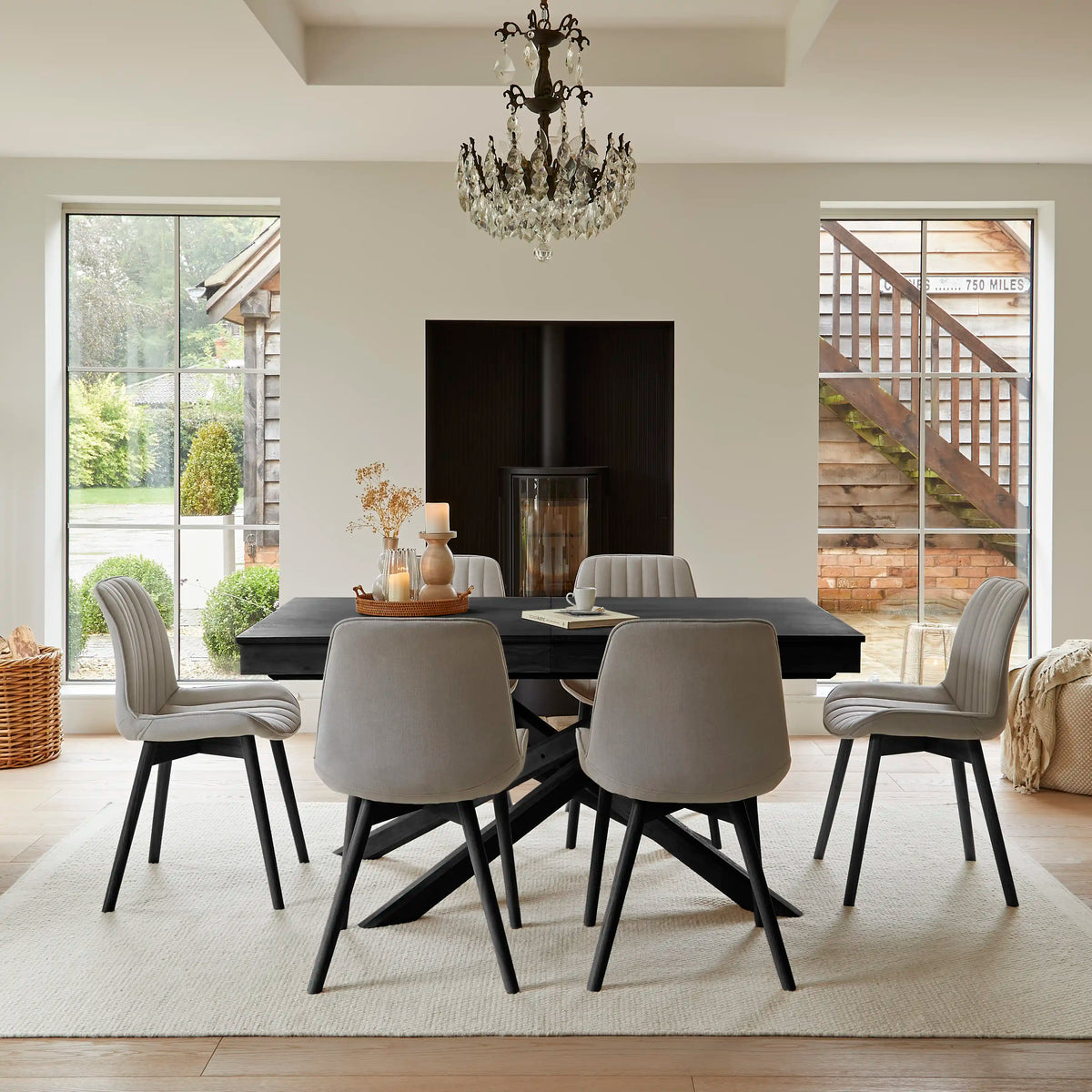 Amelia Black Extending Dining Table Set - 6 Seater - Bella Grey Dining Chairs - Black Legs - Laura James