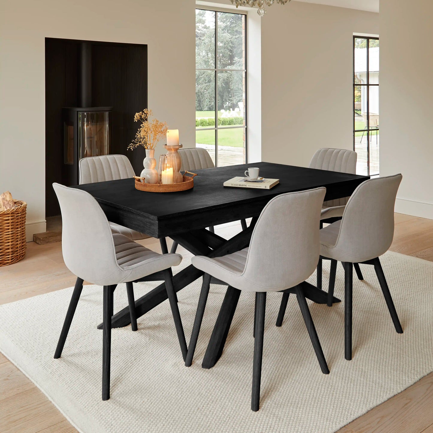 Amelia Black Wooden Dining Table Set - 6 Cloud Grey Chairs - Laura James