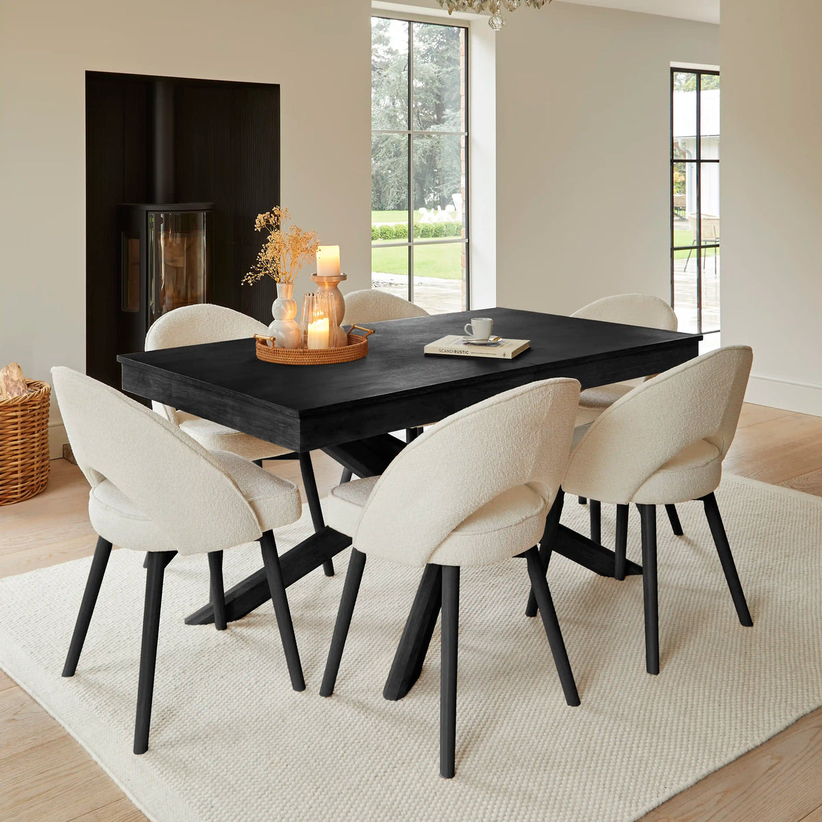 Amelia Black Wooden Dining Table Set - 6 Marilyn Boucle Dining Chairs - Laura James