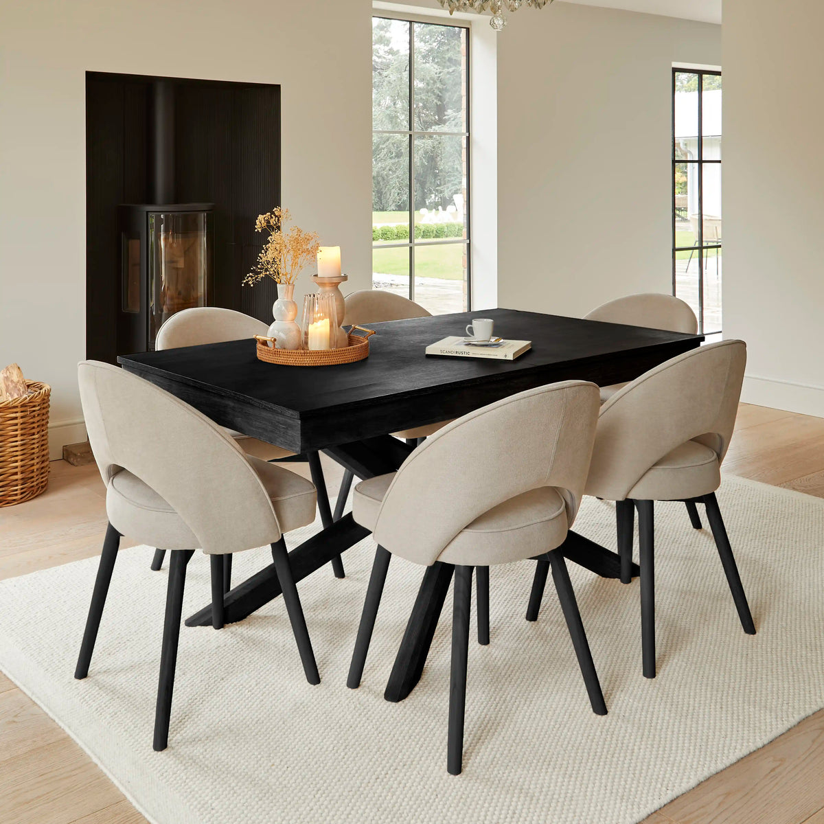 Amelia Black Wooden Dining Table Set - 6 Soft Beige Dining Chairs - Laura James