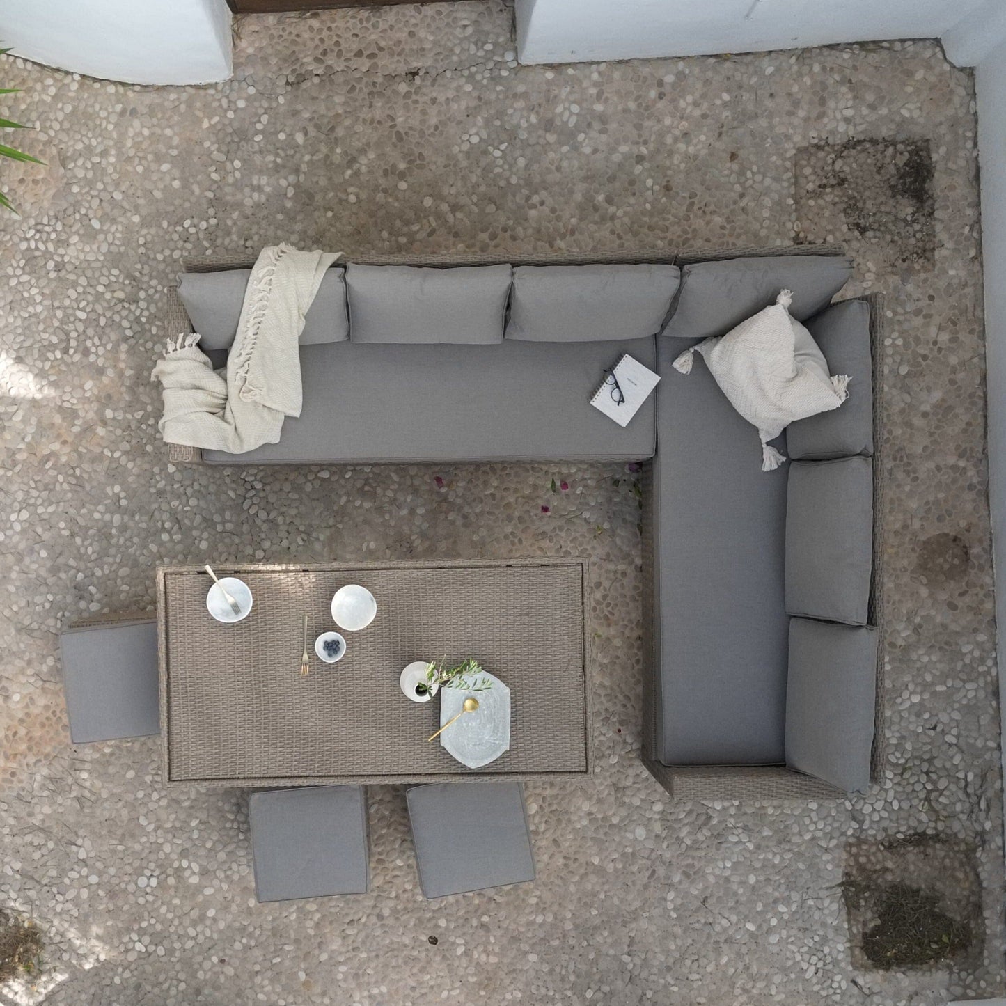 Aston Rattan Corner Sofa Set - 9 Seater - Natural Brown - Glass Table Top