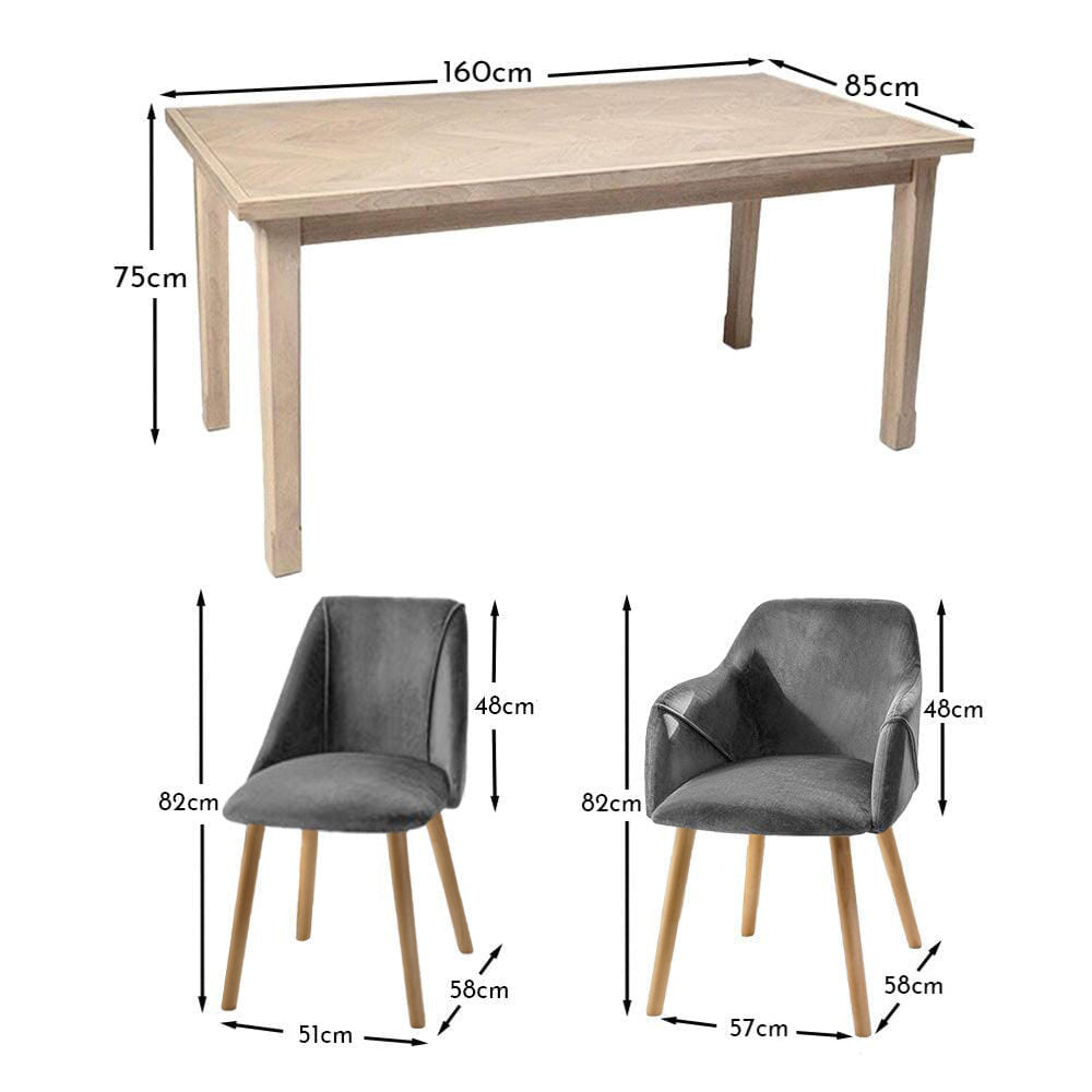 Ella 160cm Pale Oak Dining Table Set - 6 Seater - 4 Freya Dining Chairs with 2 Freya Armchairs - Mist Grey with Pale Oak Legs - Laura James