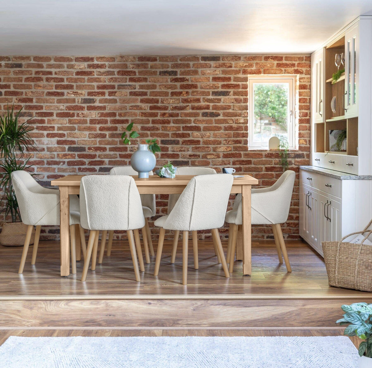 Ella 160cm Pale Oak Dining Table Set - 6 Seater - 4 Freya Dining Chairs with 2 Freya Armchairs - Light Beige with Pale Oak Legs