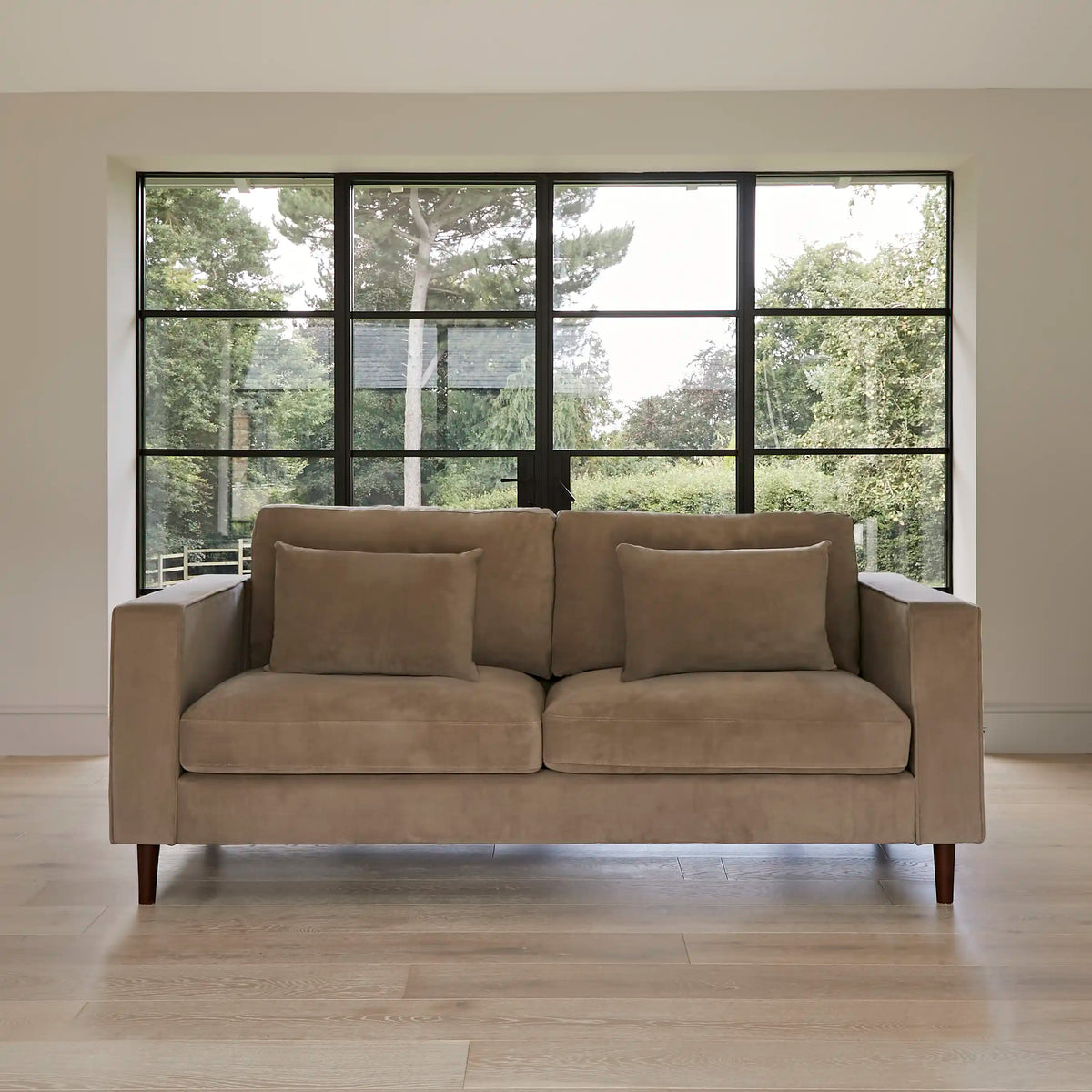 Emily Driftwood 2 Seater Velvet Sofa with Dark Oak Legs - Laura James