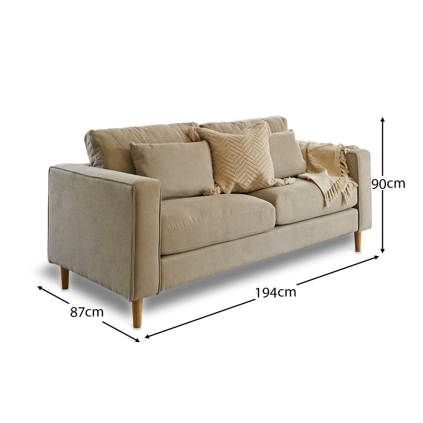 Emily 3 Seater Sofa - Soft Beige with Pale Oak Legs