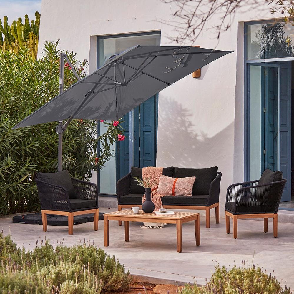 Eaden Rope Conversation Set-Black with add on Premium Cantilever Parasol 2.4m Square Grey-Laura James