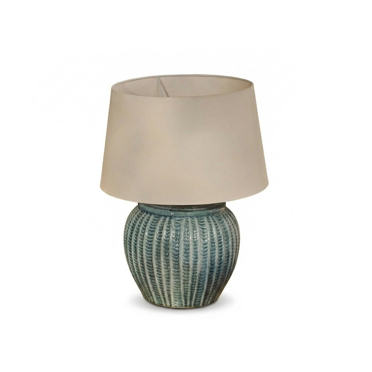 Elmer 27cm Ceramic Lamp Base - Teal Blue & Coningsby 35cm Cotton Lamp Shade - Snow White - Laura James
