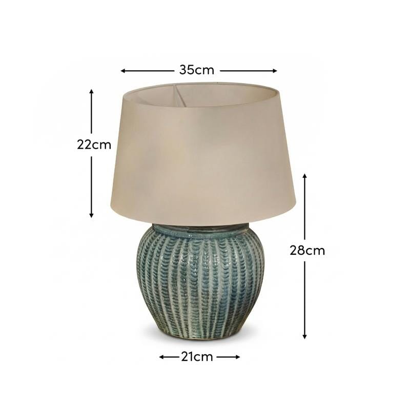 Elmer 27cm Ceramic Lamp Base - Teal Blue & Coningsby 35cm Cotton Lamp Shade - Snow White - Laura James