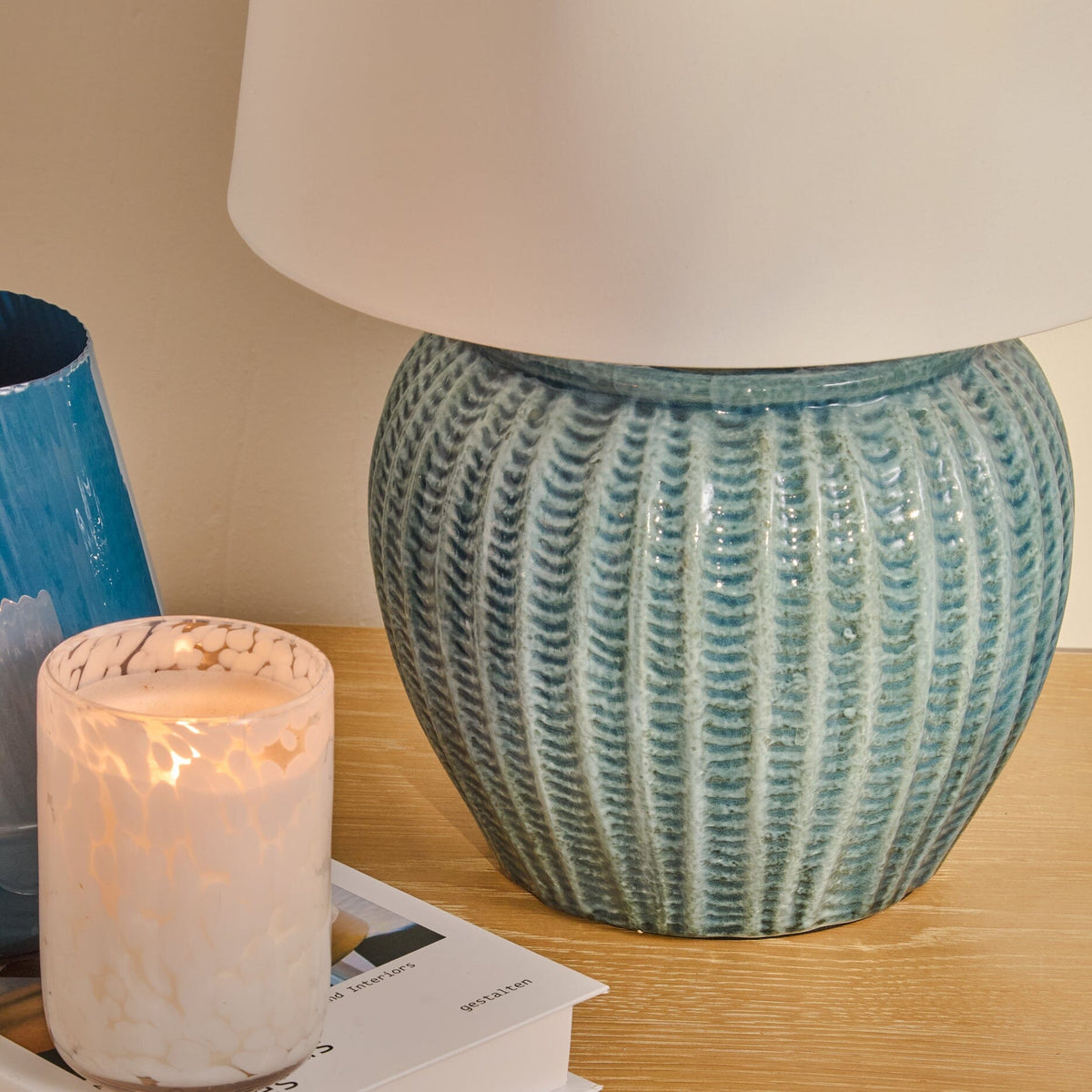 Elmer 27cm Ceramic Lamp Base - Teal Blue & Coningsby 35cm Cotton Lamp Shade - Snow White - Laura James
