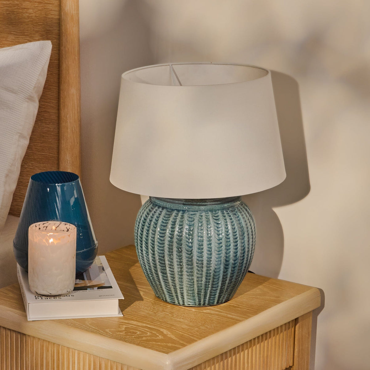 Elmer 27cm Ceramic Lamp Base - Teal Blue & Coningsby 35cm Cotton Lamp Shade - Snow White - Laura James