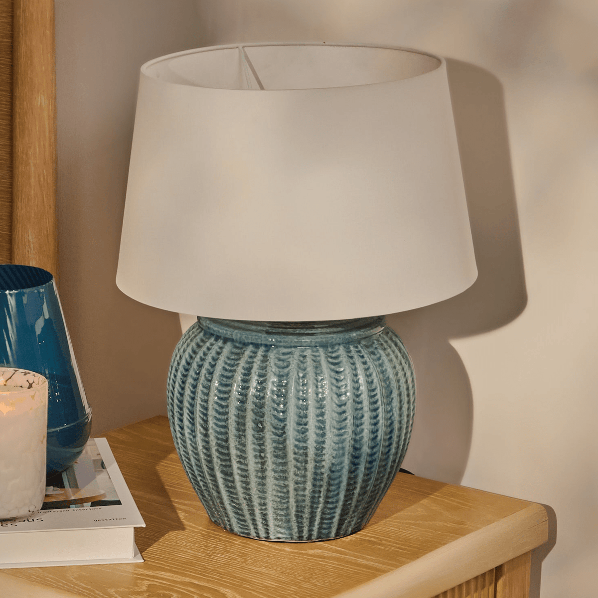 Elmer 27cm Teal Blue Ceramic Lamp Base & Coningsby Snow White Cotton Lampshade - 35cm