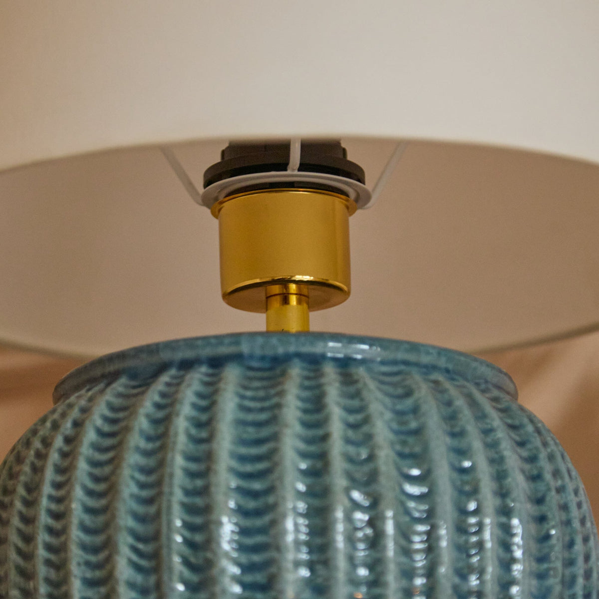 Elmer 27cm Ceramic Lamp Base - Teal Blue & Coningsby 35cm Cotton Lamp Shade - Snow White - Laura James