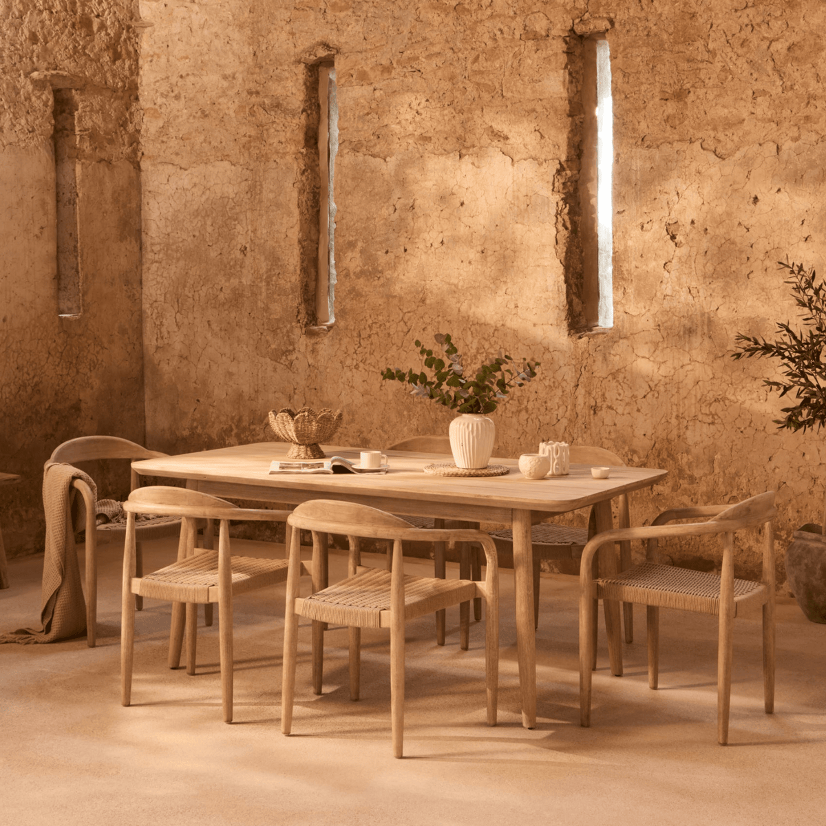 Elowen 6 Seater Wooden Garden Dining Set with Sasha Chairs - Sand Rope