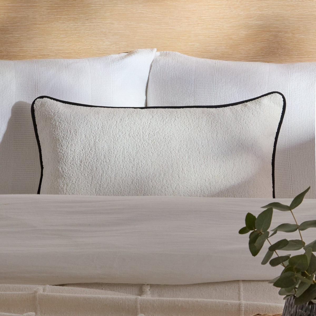 Elsham 35x55cm Scatter Cushion Cover - Chalk White Boucle with Jet Black Velvet Piping - Laura James