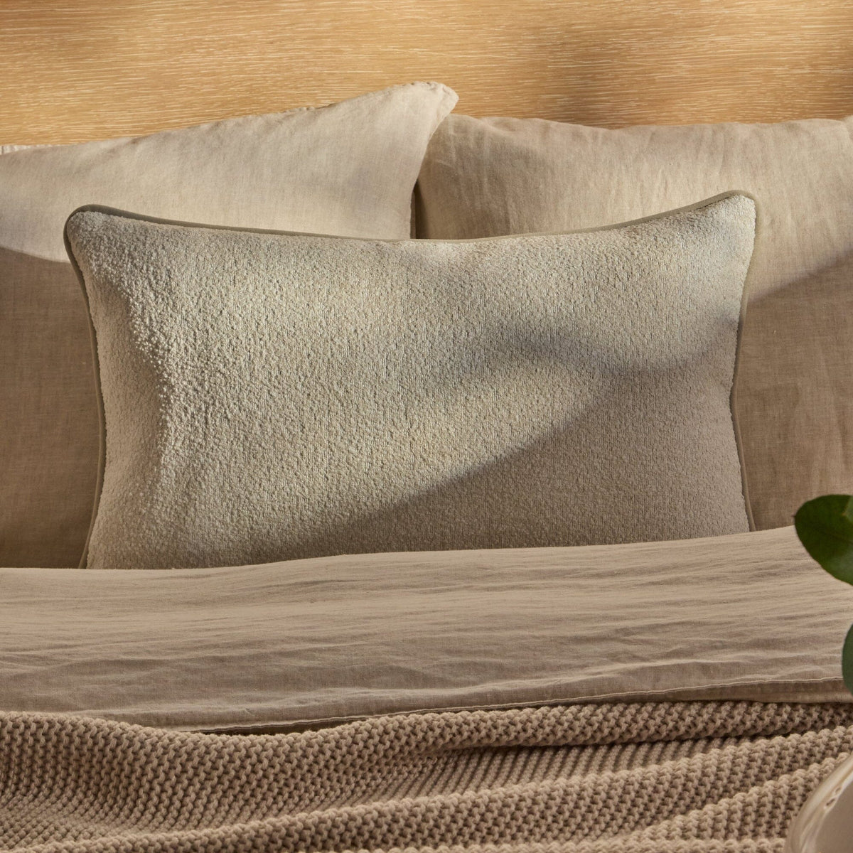 Elsham 35x55cm Scatter Cushion Cover - Light Beige Boucle with Clay Velvet Piping - Laura James