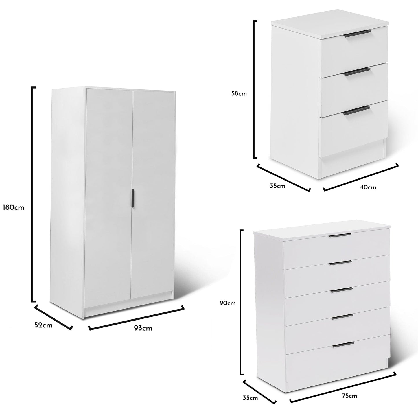 Essie 3 Piece Bedroom Set - 5 Chest of Drawers - Pure White