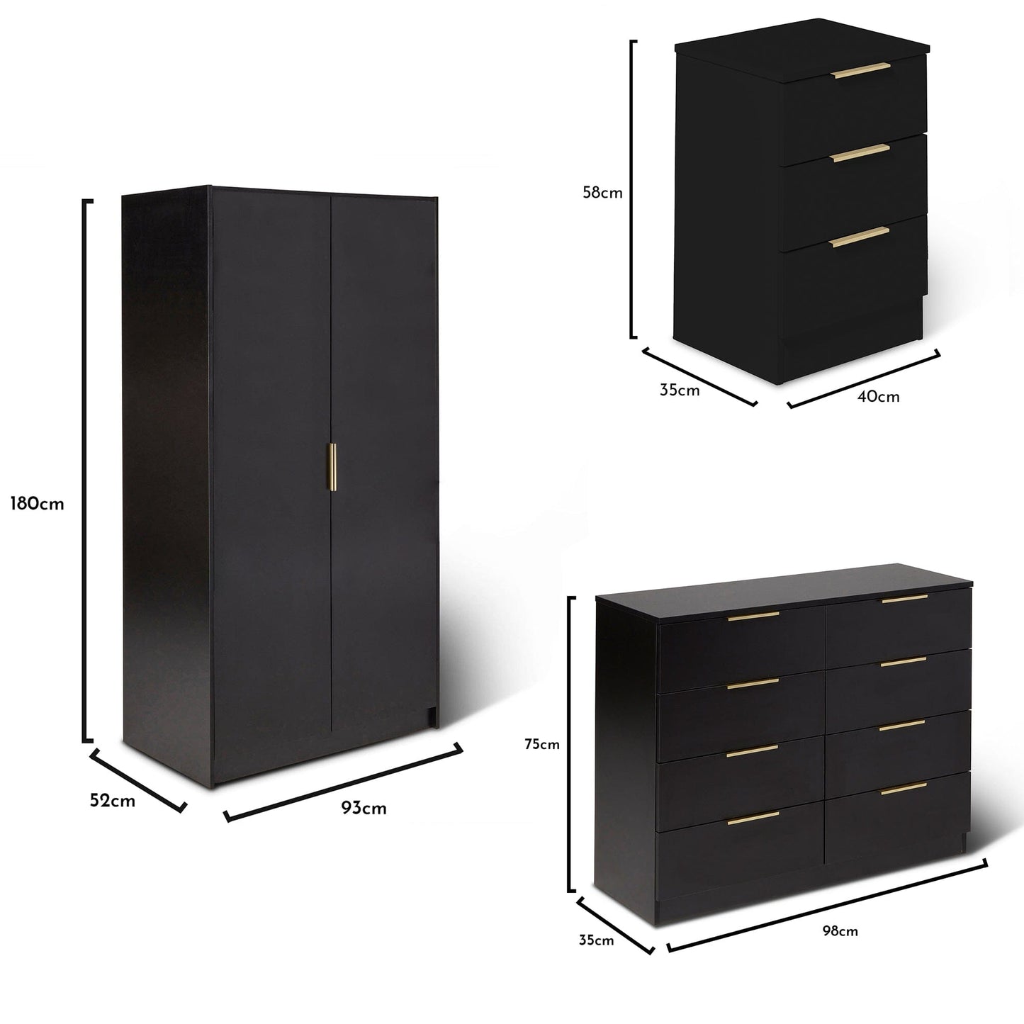 Essie 3 Piece Bedroom Set - 8 Chest of Drawers - Pitch Black