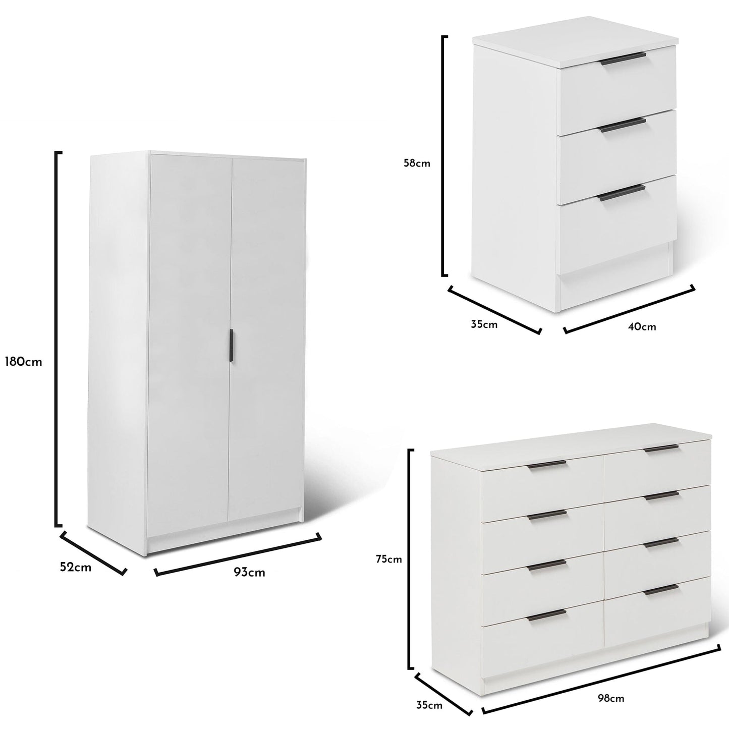 Essie 3 Piece Bedroom Set - 8 Chest of Drawers - Pure White