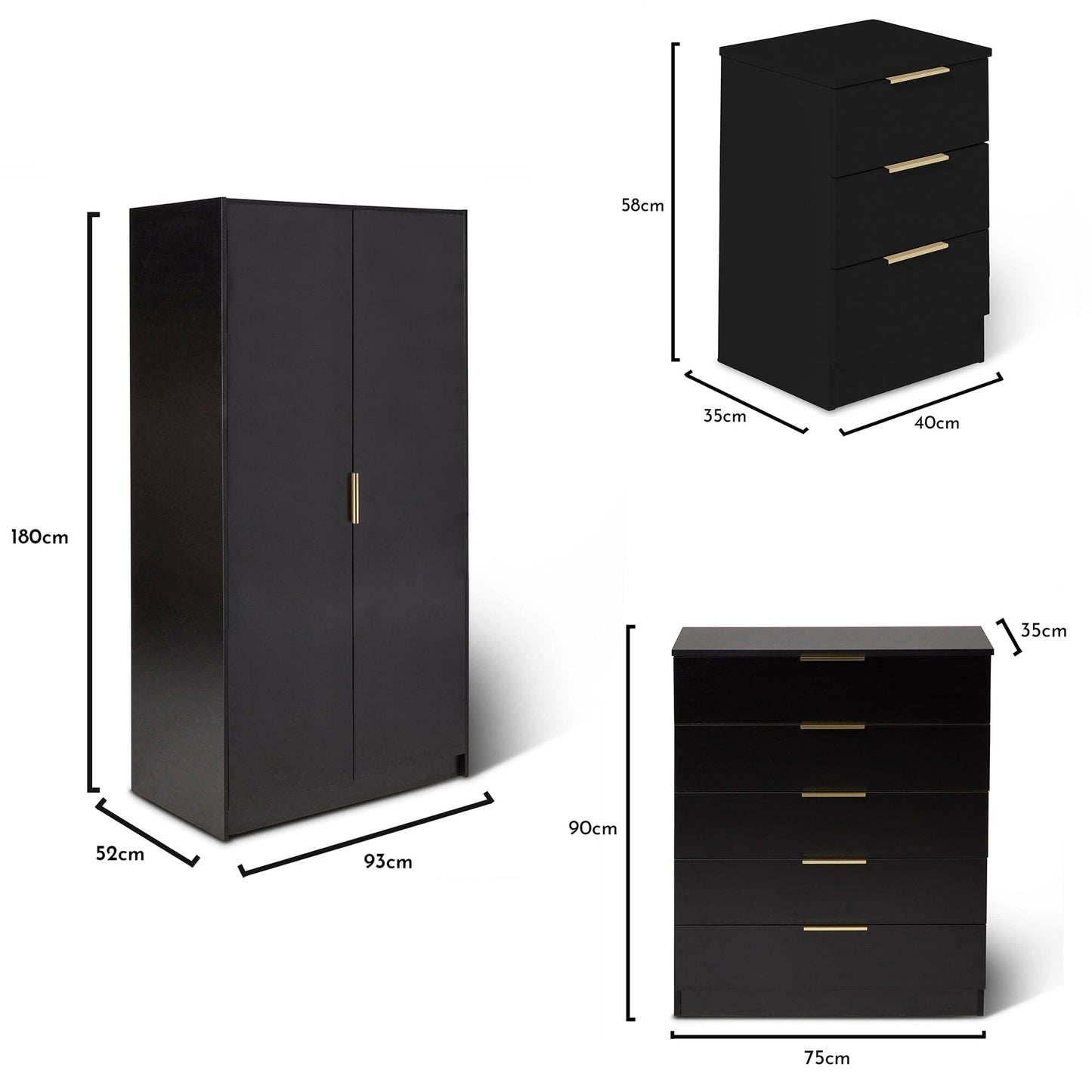 Essie 4 Piece Bedroom Set - 5 Chest of Drawers - Pitch Black