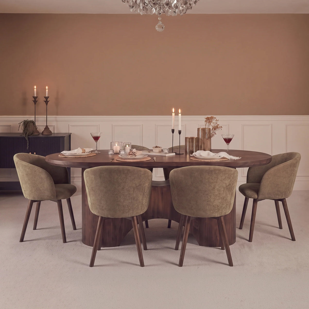 Octavia 220cm Coffee Brown Mango Wood Dining Table Set - 6 Seater - Archer Natural Brown Dining Chairs - Coffee Brown Legs - Laura James
