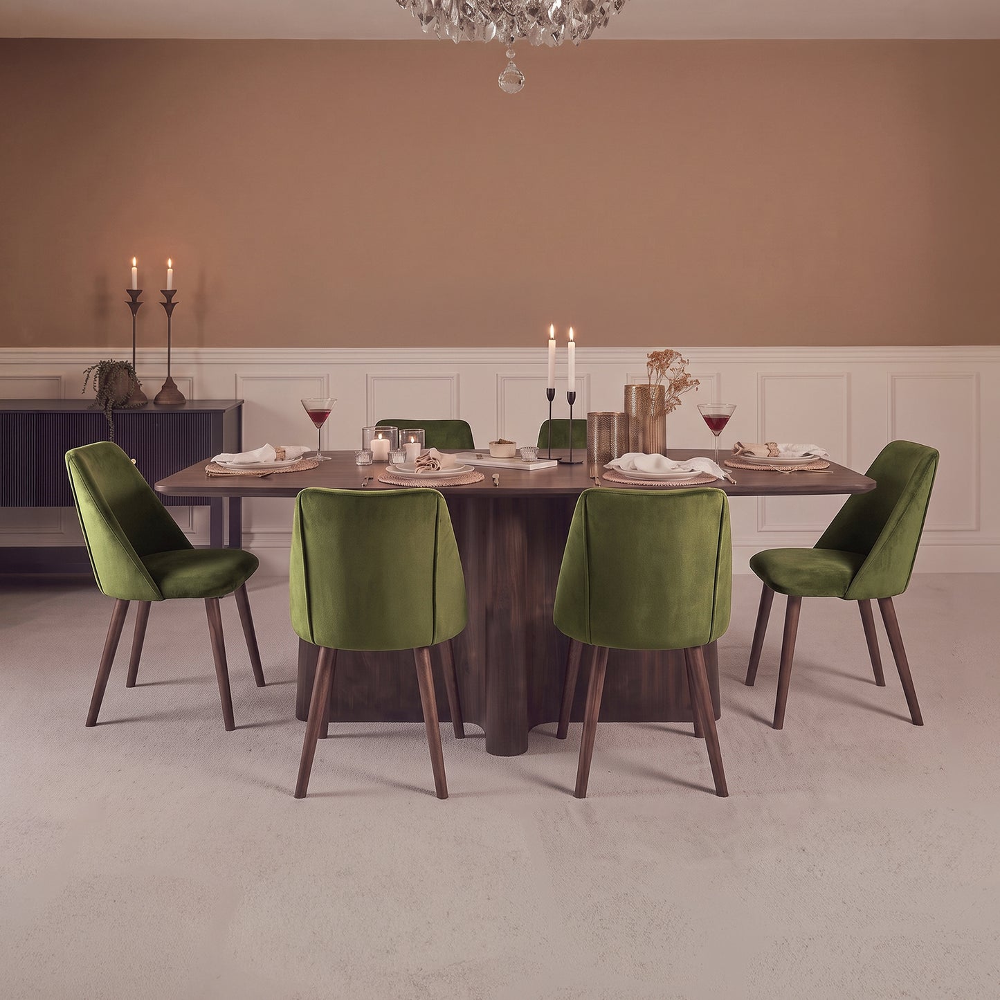 Bastian 220cm Coffee Brown Mango Wood Dining Table Set - 6 Seater - Freya Fern Green Dining Armchairs - Coffee Brown Mango Wood Legs - Laura James