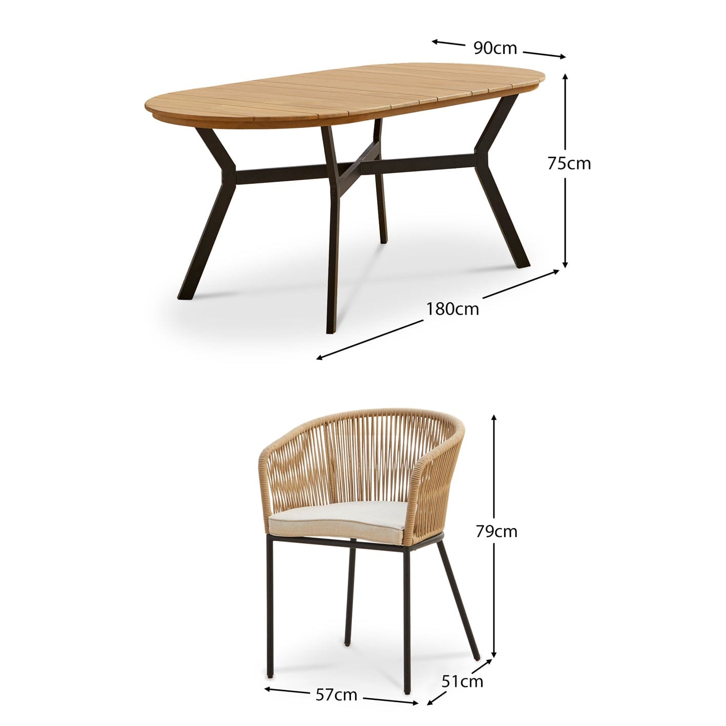 Ezra Oval 6 Seater Dining Table Set with Black Legs and Hali Natural Rope Chairs - Laura James